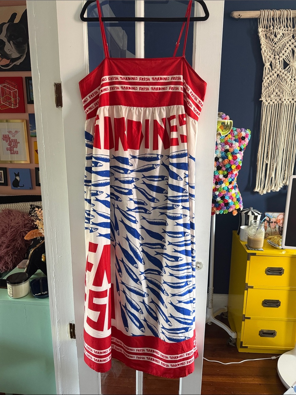 Graphic Red, White & Blue Sundress with Sardine Print